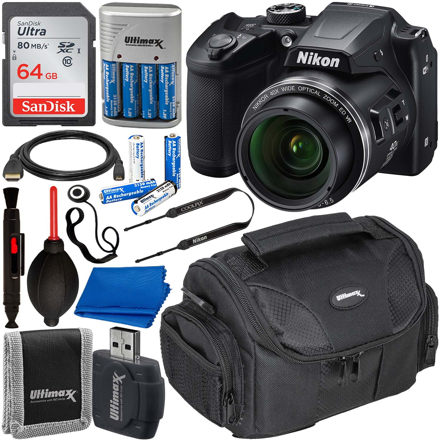 Nikon COOLPIX B500 Digital Camera (Black) with Starter Bundle – Includes: SanDisk Ultra 64GB SDXC Memory Card, Rechargeable Batteries with Dock Charger, Protective Case & MORE - Walmart.com