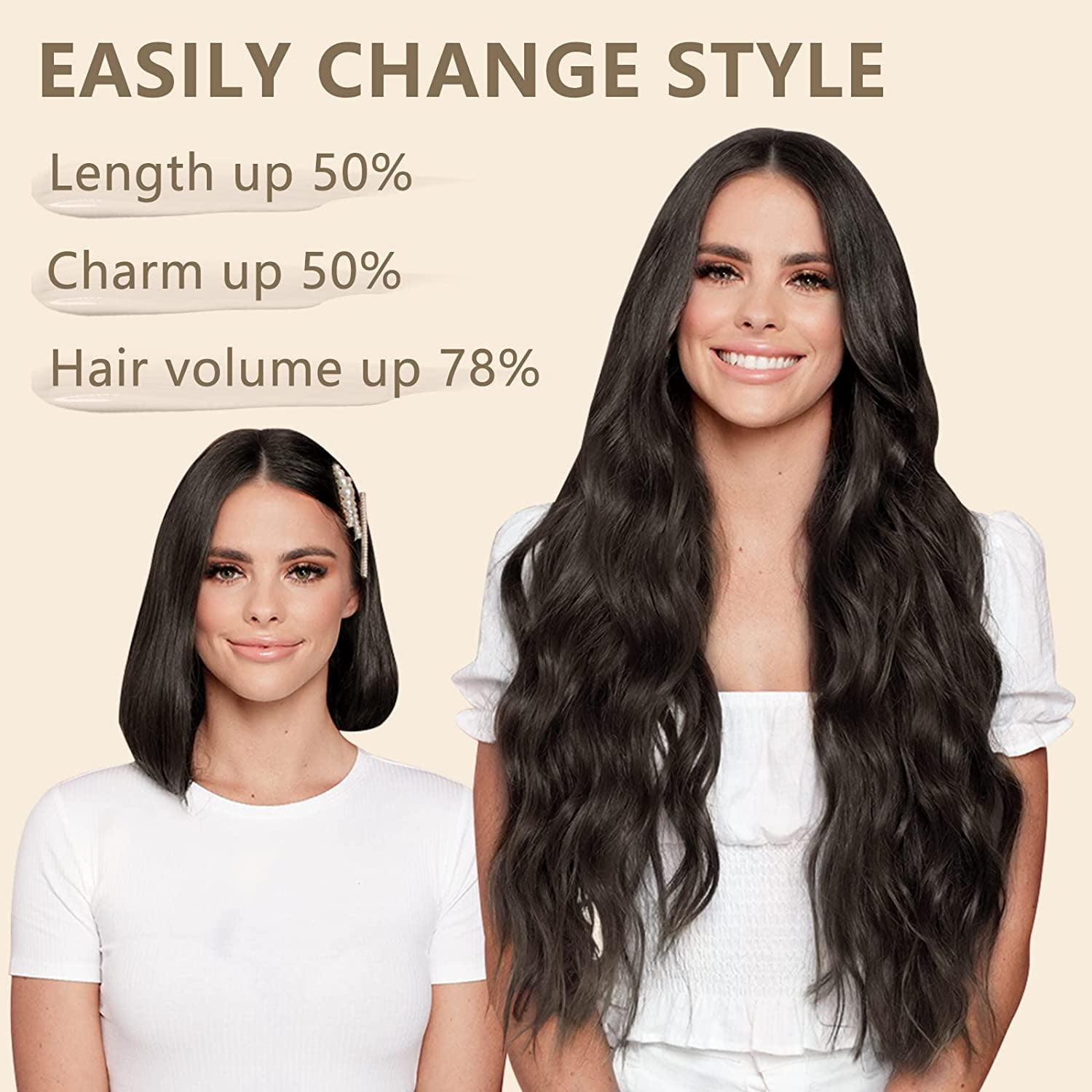 Clip in Long Wavy Synthetic Hair Extension 24 Inch Dark Brown 4PCS Thick Hairpieces Fiber Double Weft Hair for Women