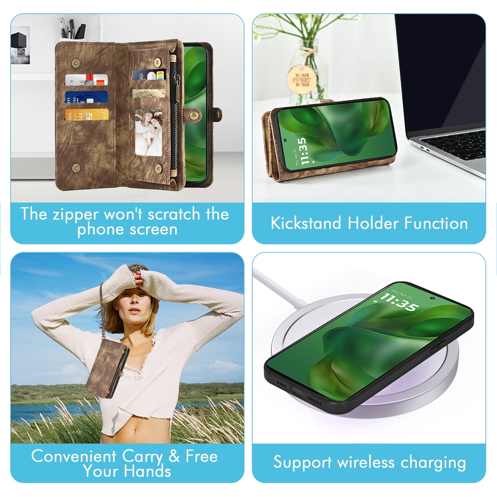 Asuwish Phone Case for Motorola Moto G Power 5G 2025 Zipper Wallet Detachable Cell Cover with Tempered Glass Screen Protector Crossbody Lanyard Strap Flip Card Holder Slot XT2515-1 Women Girls Brown