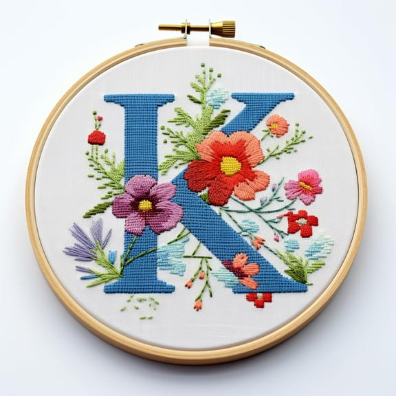 Letter K in Flowers Stamped Cross Stitch Kits for Beginners Easy with Hoop 11CT Needlepoint Embroidery Counted Cross Stitch Kits Art Craft Wall Decoration 35x35cm(1)
