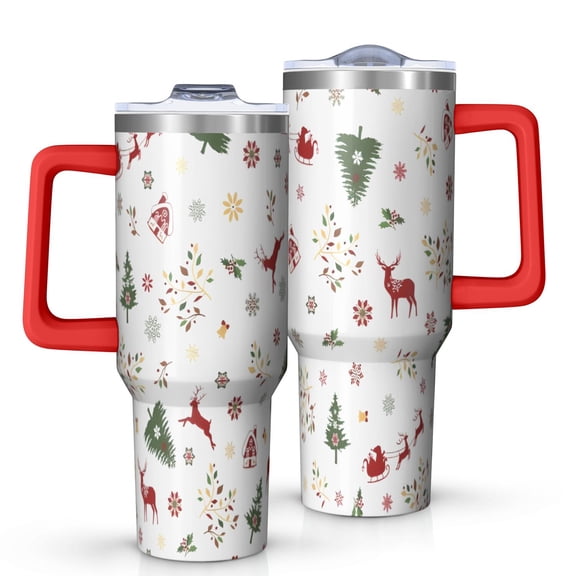 White Christmas Reindeer Pattern Tumbler with Handle and Lid,40oz Double Wall Vacuum Insulated Tumbler,Cups Gift for Women and Men