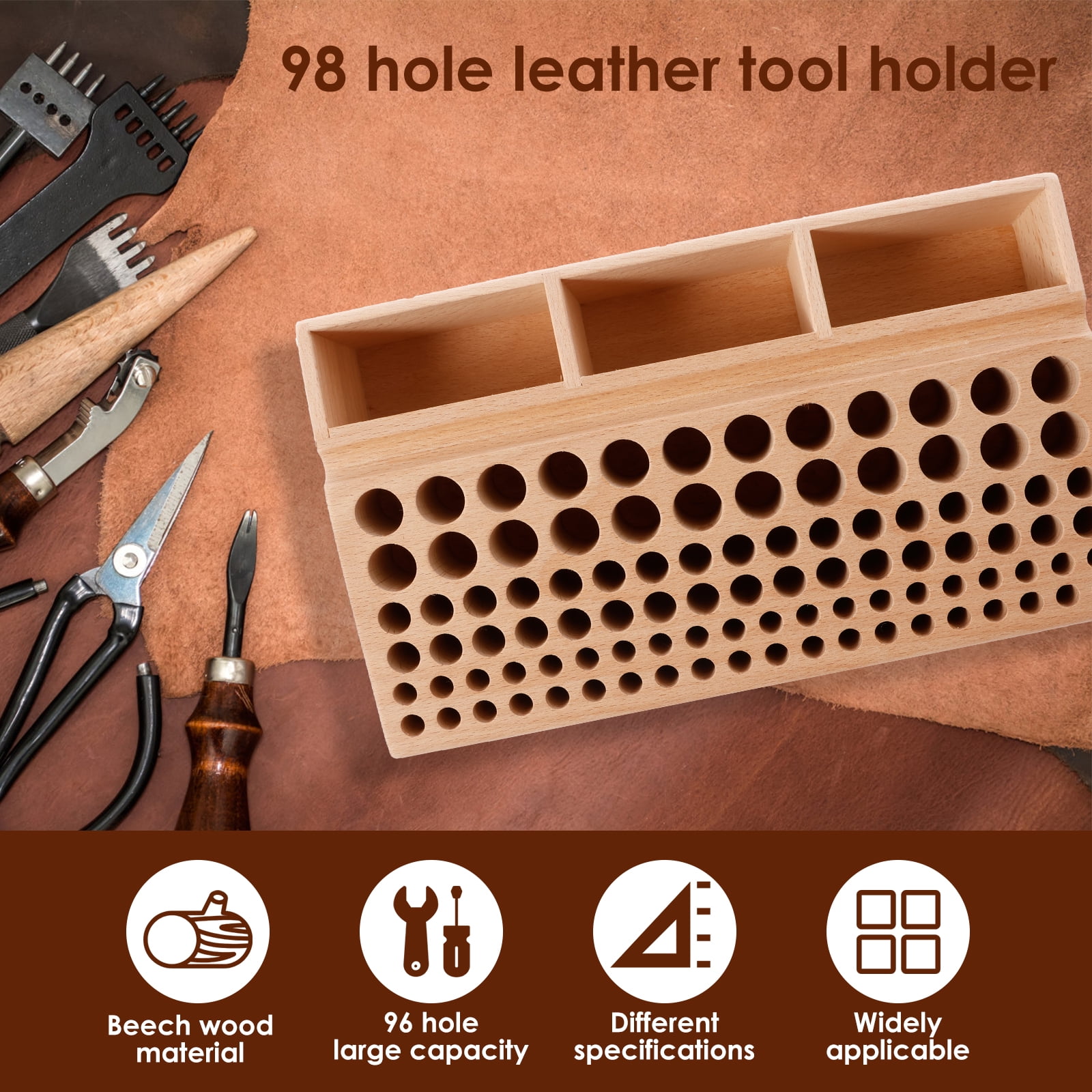 Wekvgz Wood Leather Tool Holder 98 Holes Professional Leather Craft Tool Holder with 3 Slots Large Capacity Leather Working Tool Holder for Hole Punch Leather Tools