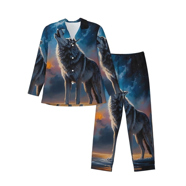 Fotbe Lonely Night Sky Wolf Pijama de Hombre con Estampado de Manga Larga, Conjunto de 2 Piezas, Ropa de Dormir Suave y Cómoda con Bolsillos-Medium