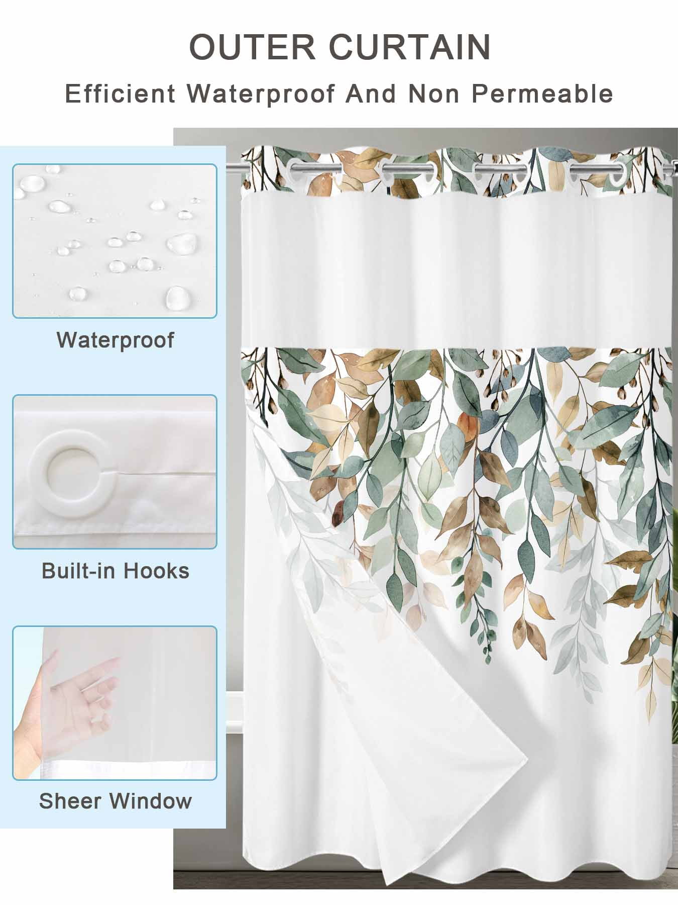 No Hook Shower Curtains with Snap-in Liner Set, Green Brown Botanical Waterproof Hotel Style Bathroom Shower Curtain, Farmhouse Eucalyptus Leaves Breathable Mesh Top Window Bath Curtains 72''x72''