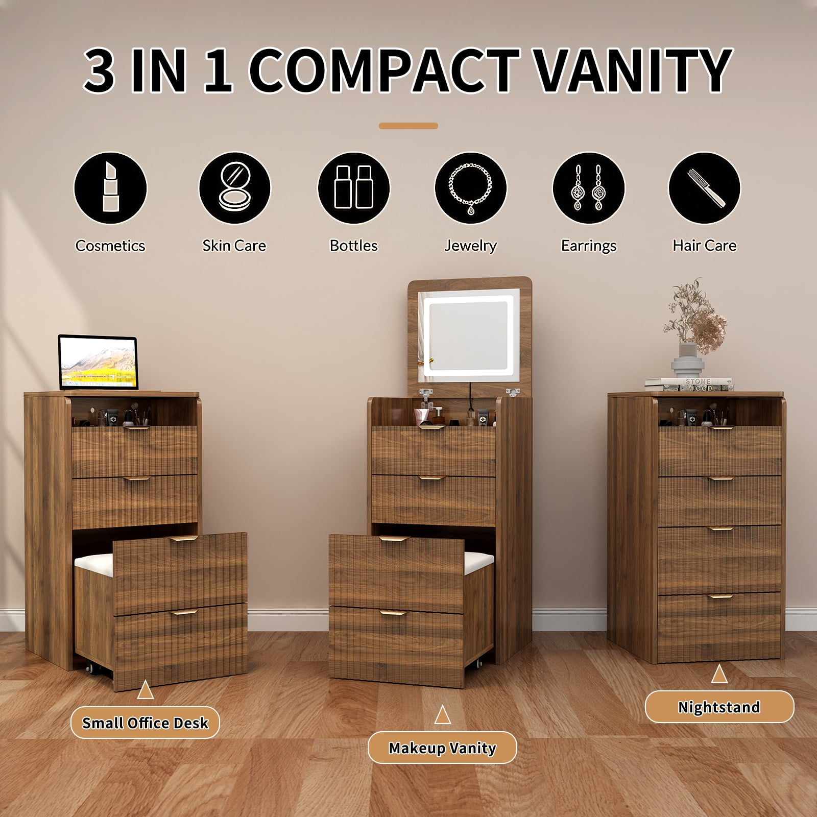 3 in 1 Vanity Desk with 3 Drawers and Rolling Stool, Compact Vanity with Flip Top Mirror and Lights, Modern Small Makeup Vanity Table