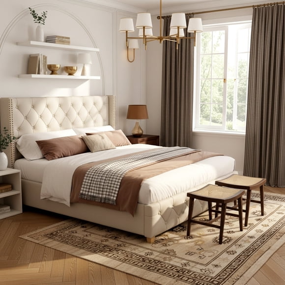 Lit Plateforme Pleine Grandeur (54 Pieds' X 75 Pieds') Rembourré en Lin - Tête de Lit Classique à Ailes avec Capitonnage à Boutons en Losange, Garniture de Clous Dorés et Pieds en Bois Robustes, Matelas Non Inclus, Beige