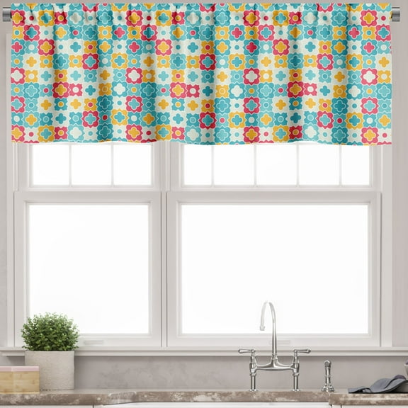 Ambesonne Floral Valance Pack of 2, Clover Vivid Design, 54"X12", Red Turquoise Yellow