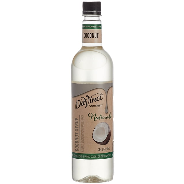 DaVinci Gourmet 750 ml Sirop Aromatisant à la Noix de Coco Entièrement Naturel dans une Bouteille en Plastique Transparente avec un Bouchon Noir et une Étiquette beige Présentant un Graphique de Noix de Coco. l'Étiquette Met en Valeur Ses Ingrédients Entièrement Naturels, Faits avec du Sucre de Canne Pur et Sans Arômes, Colorants Ni Agents de Conservation Artificiels. Convient aux Boissons au Café, cocktails, desserts et Plus.