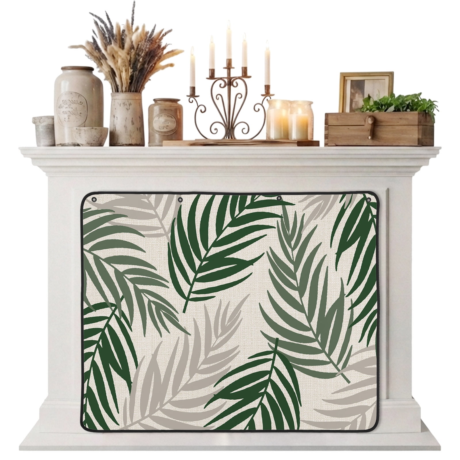 Magnetic Fireplace Cover Green Palm Leaves Fireplace Screen Summer Tropical Fronds Insulation Fireplace Blocker Blanket Save Energy Fireplace Draft Stopper Covers for Living Room 39x32