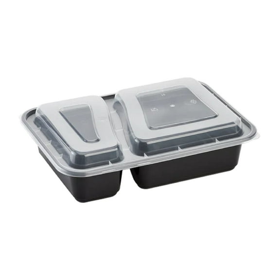 VeZee 30 Oz. Black Rectangular 2 Compartments Plastic Meal Prep Containers with Clear Dome Lids| Bento Box, BPA Free, Stackable, Microwave/Dishwasher/Freezer Safe|150CT