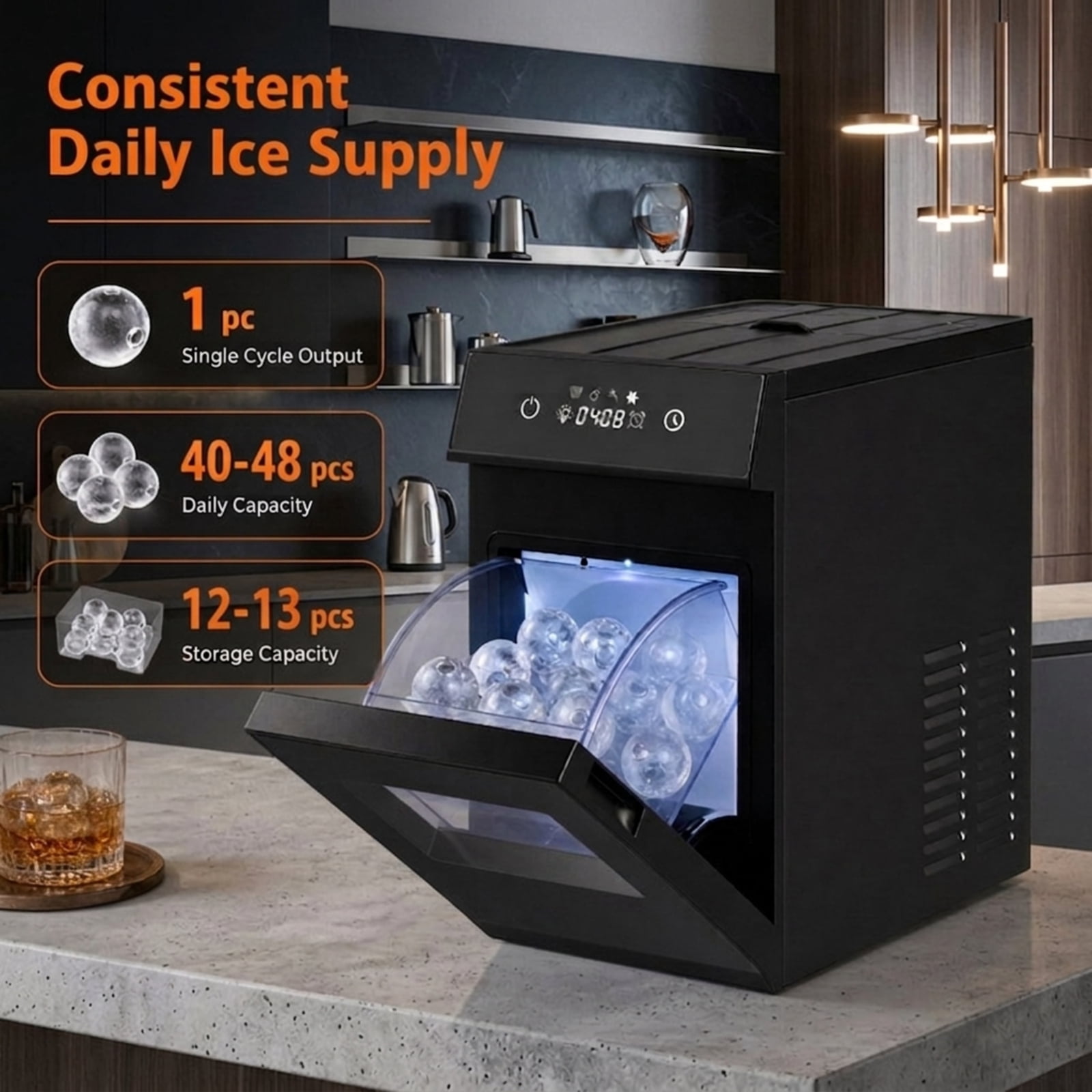 RUIE 2 Inch Ice Ball Maker Countertop, Compact Sphere Ice Machine with Self-Cleaning and 8H Timer for Home Bar Whiskey Cocktails, Black