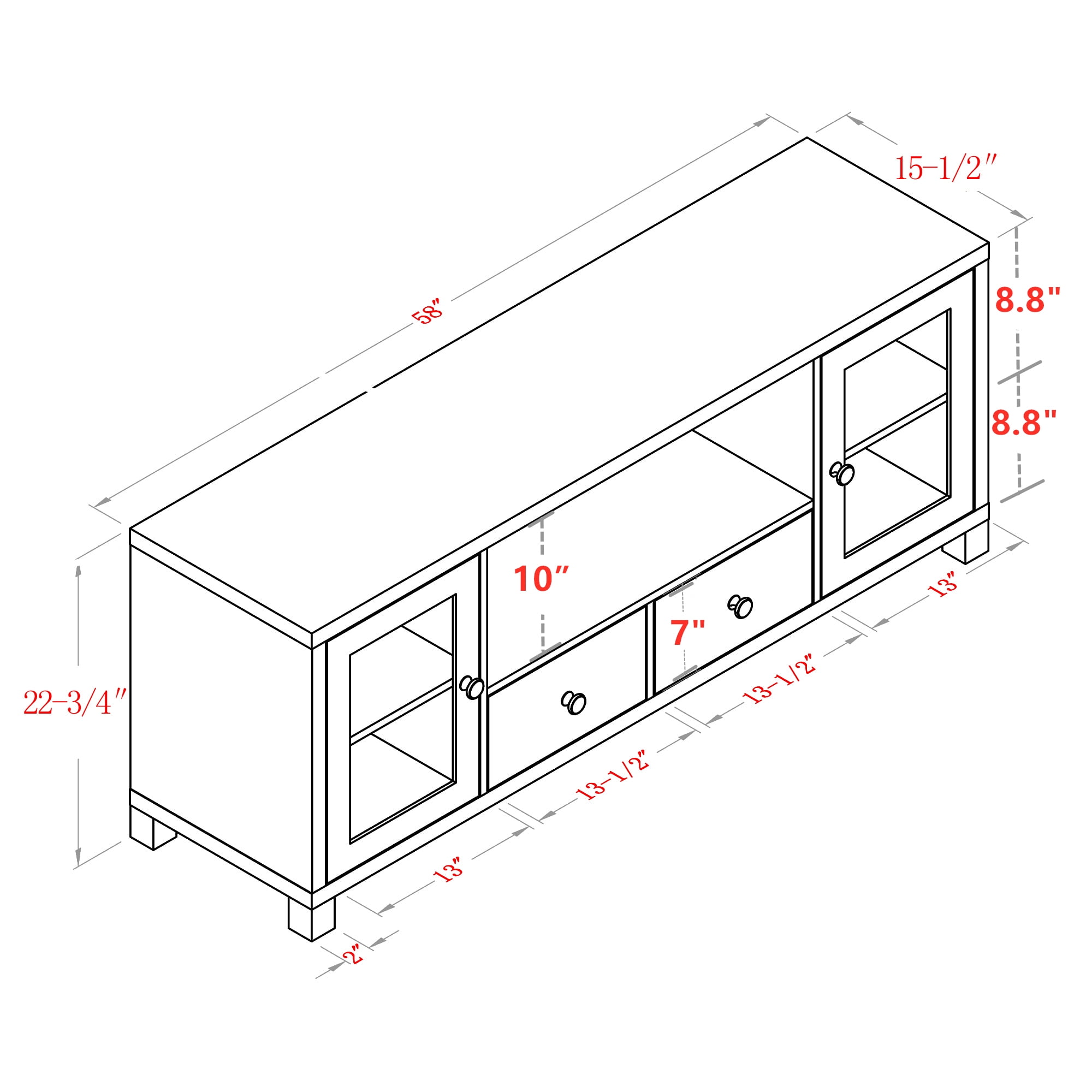 Resenkos 2 Doors and 2 Drawers TV Console for up to 58 inches Television, 55" Entertainment Center Storage Stand with Open Shelf in Black