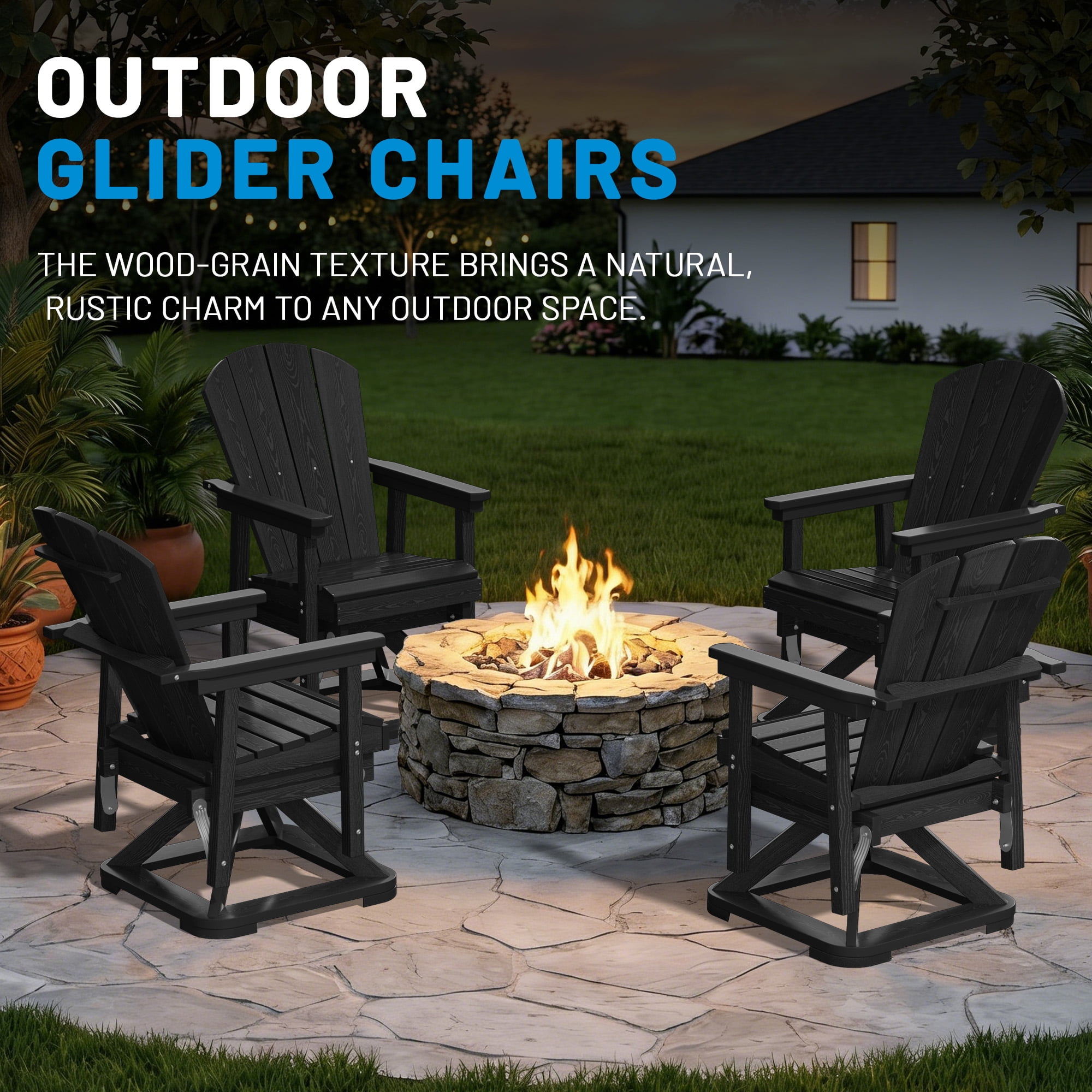 Easthome 360°Swivel Glider Adirondack Chair All-Weather HDPE Outdoor Rocking Chair with Ergonomic Backrest, Outdoor Swivel Rocker for Patio, Porch & Deck - Black