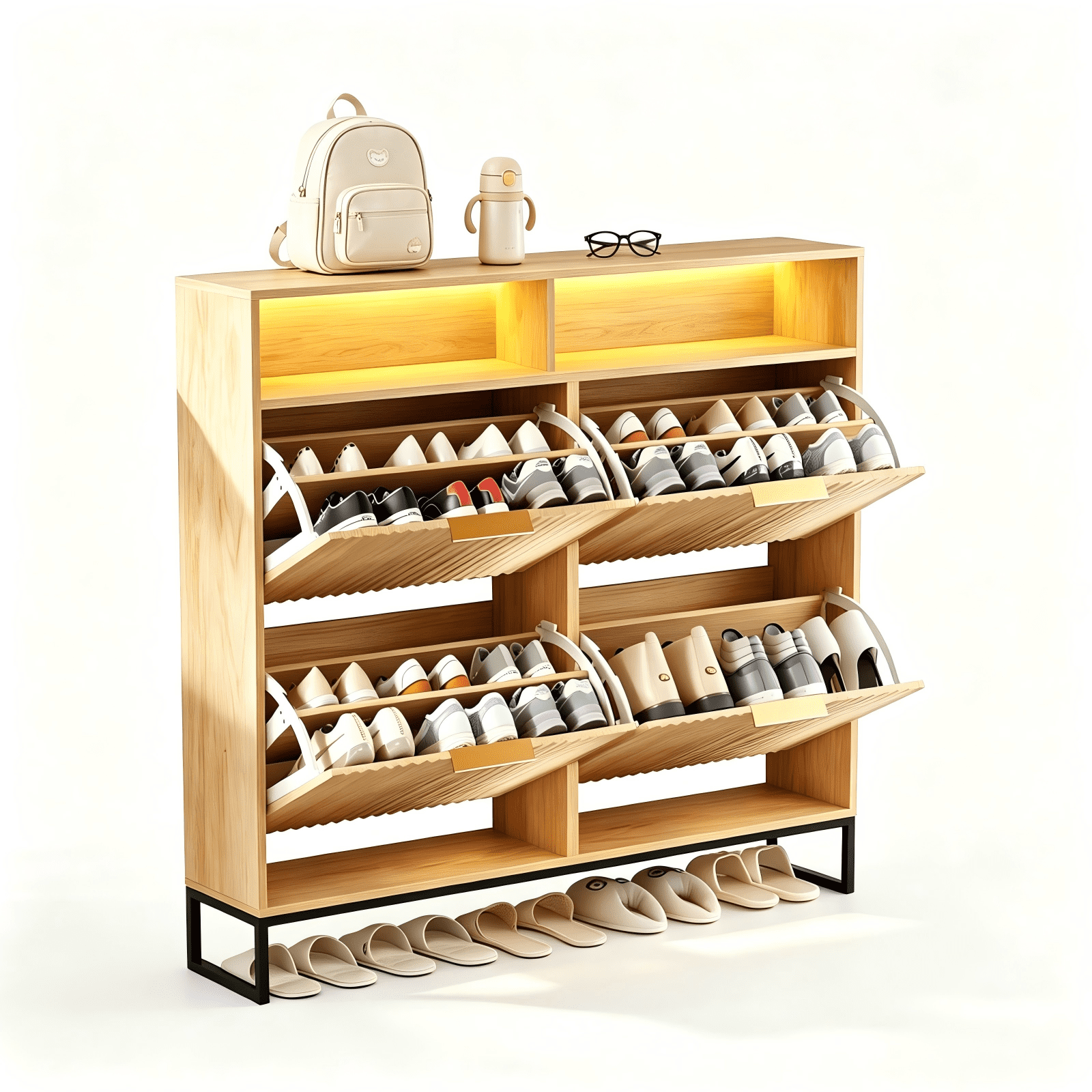 4 Flip-Top Drawer Shoe Cabinet with LED Lighting and Iron Legs