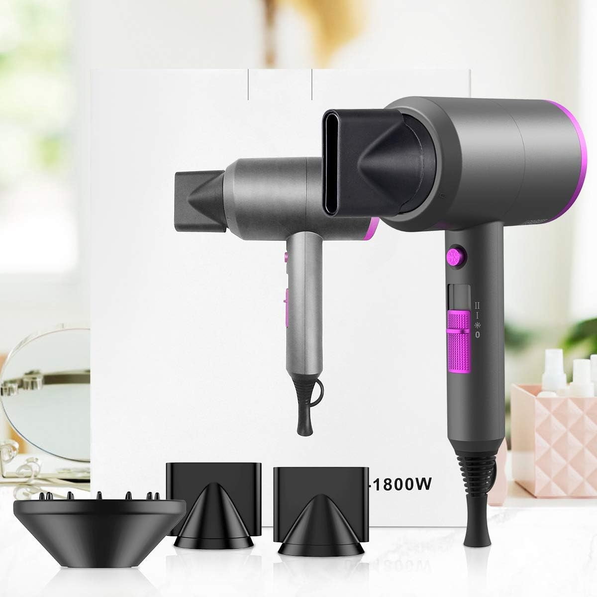 Professional Ionic Hair Dryer, Powerful 1600W Fast Drying Low Noise Blow Dryer with Concentrator Nozzle Diffuser Attachments for Home Salon Travel,ALCI Safety Plug