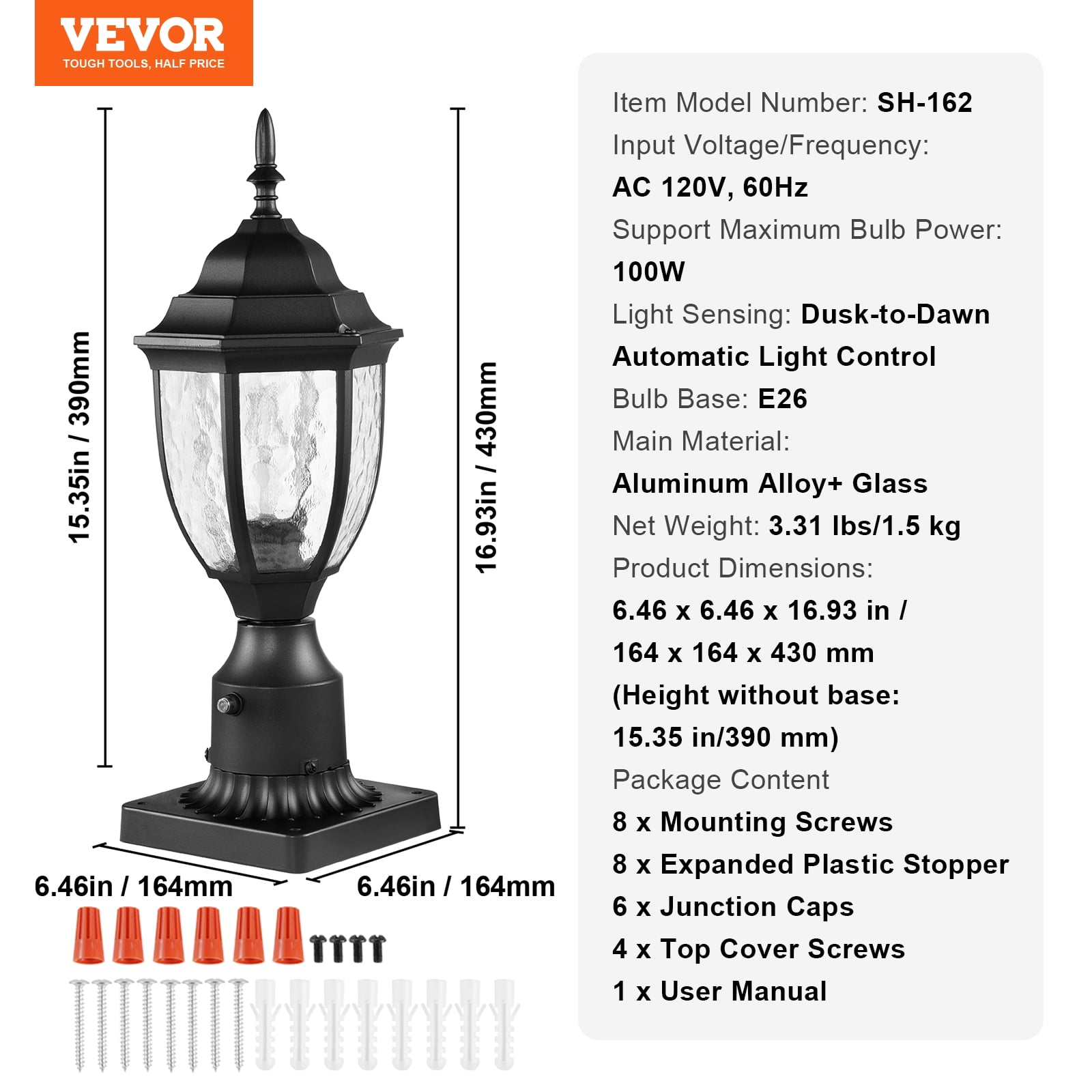 VEVOR 2 Pack Dusk to Dawn Outdoor Post Light, 15.35 in, Waterproof Lamp Post Light Fixtures with 3.5 in Pier Mount Base Glass Shade, Lightning-proof Exterior Pole Column Light