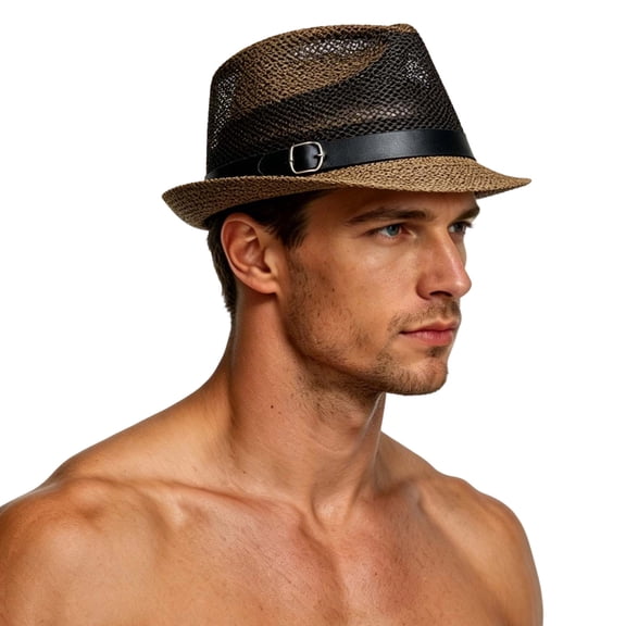 DayScoop Mens Mesh Straw Fedora Hat, Short Brim Hollow Out Trilby Cap With Black Strap Metal Buckle, Lightweight Breathable Summer Sun Hat Beach Travel Outdoor Activities Men