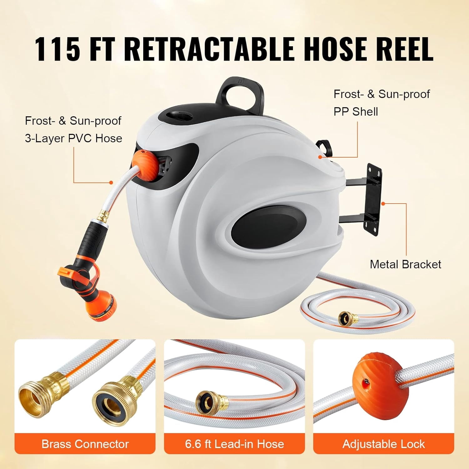 Retractable Hose Reel, 115 ft x 1/2 inch, Garden Water Hose Reel with 9-Pattern Nozzle, 180 °   Swivel Bracket Wall-Mounted, Automatic Rewind, Lock at Any Length, with Slow Return System