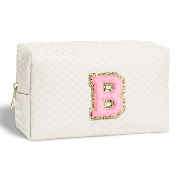 YOOLIFE Small Cosmetic Bags for Women, White Initial Makeup Bag Travel Makeup Bag Travel PU Leather Waterproof Toiletry Bag Gifts for Women Girls