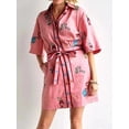 thumbnail image 6 of Women's Embroidered Tie Waist Shirt Dress with Buttoned Front Belted Silhouette 100% Polyester Everyday Wear Style, 6 of 7