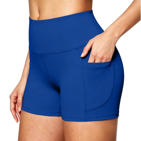 WULMLEO Women's Biker Shorts No Front Seam 4" High Waist Tummy Control Workout Yoga Gym Running Spandex Shorts Pockets Blue XL