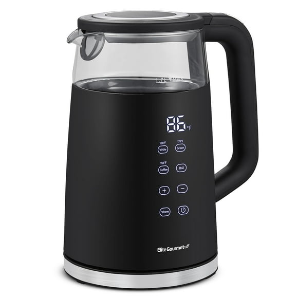 Elite Gourmet EKT8717 Bouilloire Électrique à Thé 1,7 L à Double Paroi à Écran Tactile Froid, Verre Borosilicaté, Intérieur en Acier Inoxydable 304, Écran Tactile Numérique Programmé, Kee