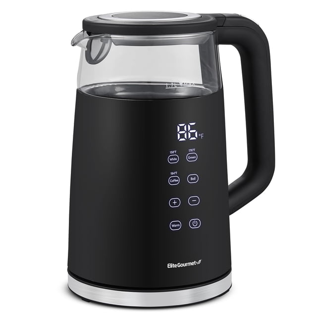 Elite Gourmet EKT8717 1.7L Dual Wall Cool Touch Electric Tea Kettle, Borosilicate Glass, 304 Stainless Steel Interior, Programmed Digital Touchscreen, Kee