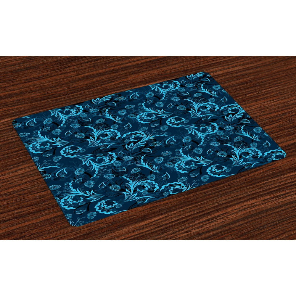 Blue Placemats Set of 4 Abstract Damask Inspired Curvy Flower Figures