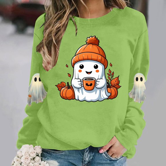 Womens Halloween Sweatshirts Casual Long Sleeve Cute Halloween Ghost Printed Winter Sweaters Loose Crewneck Pullover Blouses Ladies Halloween Costumes