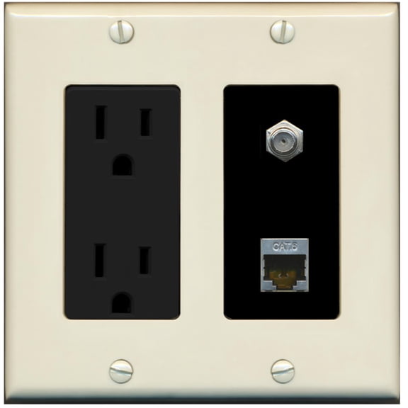 RiteAV - 15 Amp Power Outlet 1 Port Coax Cable TV- F-Type and Shielded Cat6 Ethernet Wall Plate - Light Almond/Black