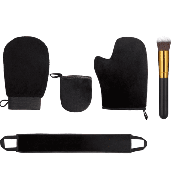 5 Pieces Self Tanning Mitt Applicator Kit, Includes Tanning Mitt, Exfoliating Glove, Mini Face Glove, Back Lotion Applicator, and Large Brush Makeup