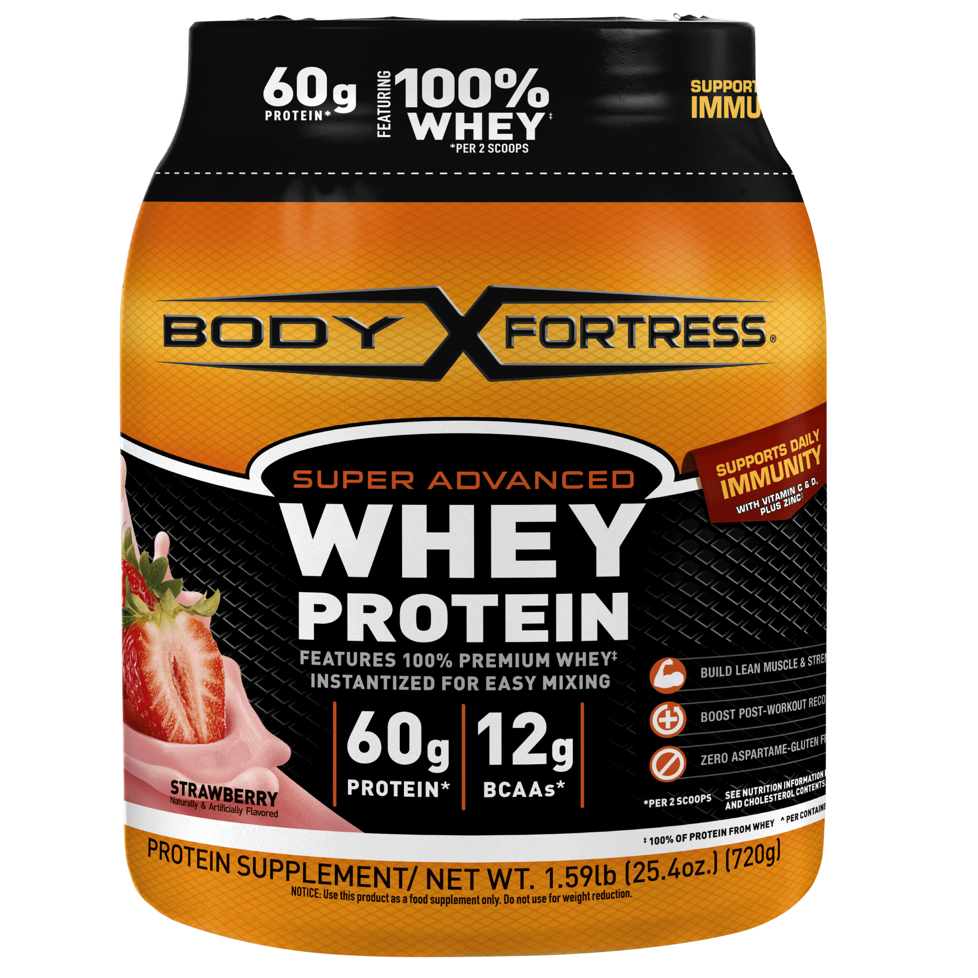 Body Fortress Super Advanced 100% Premium Whey Protein Powder, Strawberry, 60g Protein, Immune Support , Vitamins C & D Plus Zinc, 1.59 lbs