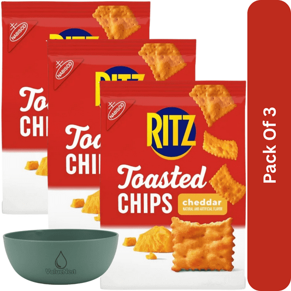 RITZ Toasted Chips Cheddar Crackers, 8.1 oz Party Snacks, With Olive Green Bowl By ValueNest