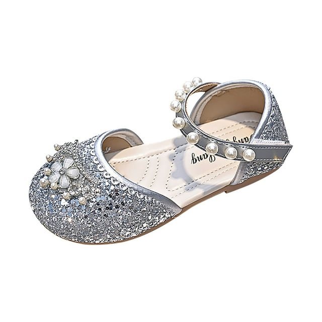 BYHONG Girls Sandals Pearl Strap Princess Leather Shoes Girls Sandals Silver 12