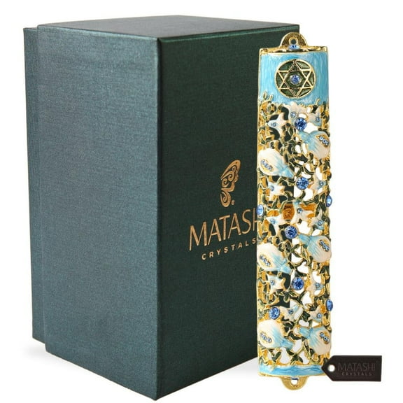 Matashi Hand Painted Enamel Mezuzah Ivy & Flowers Design w/ Gold Accents & Crystals Home Décor
