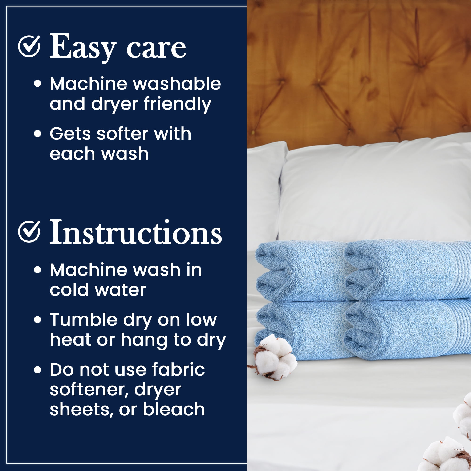HALLEY Turkish Hand Towels Set - 4 Pack Bathroom Set, Ultra Soft, Machine Washable, Highly Absorbent, 100% Cotton - Luxury Spa Quality - Blue