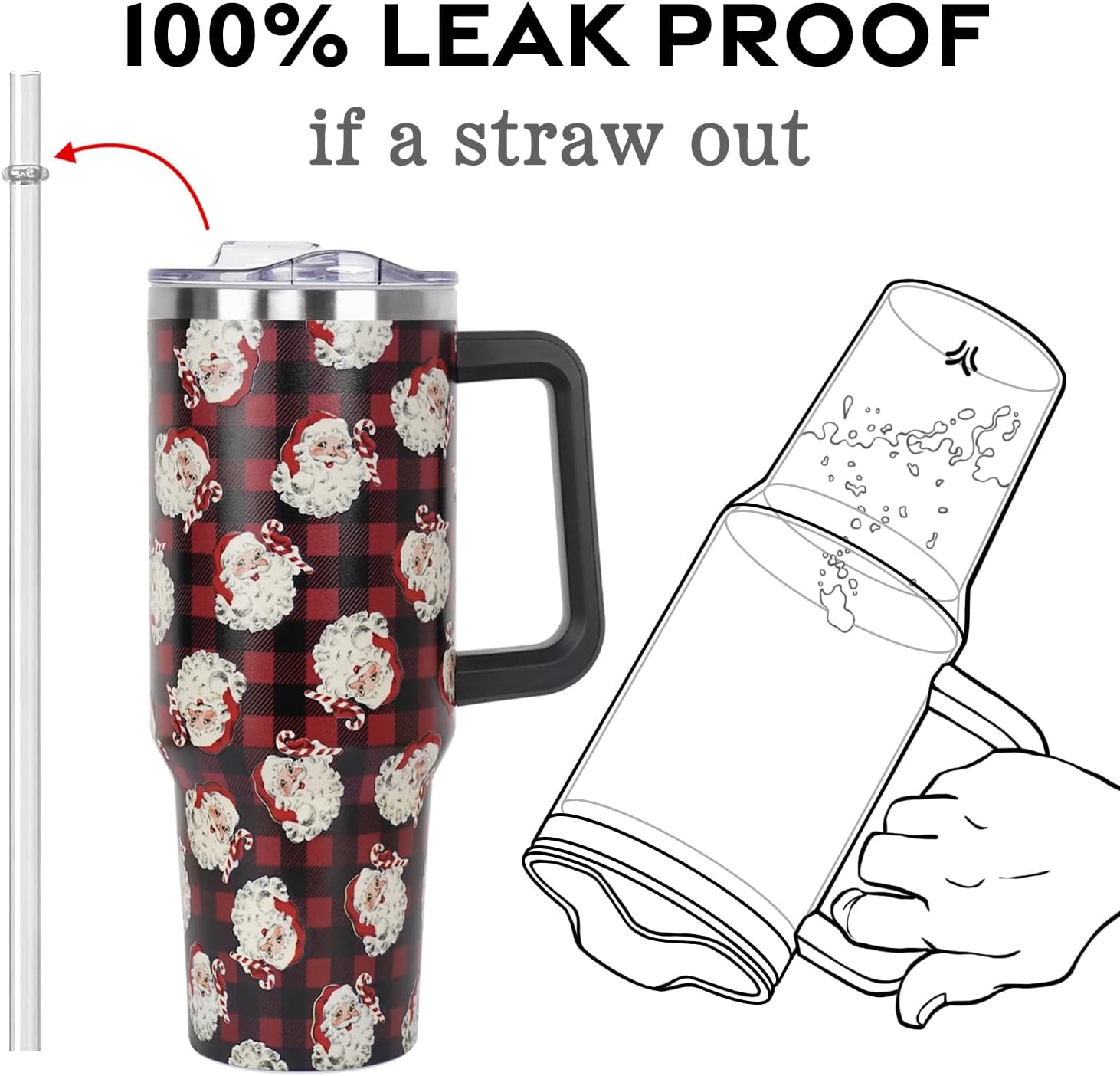 Christmas Santa Red Buffalo Plaid Tumbler with Handle and Straw Lid 40 oz,Cute Christmas Gifts for Women Vacuum Insulated Leak Proof Tumbler,Winter Holiday Accessories Stainless Steel Coffee Cup Mug