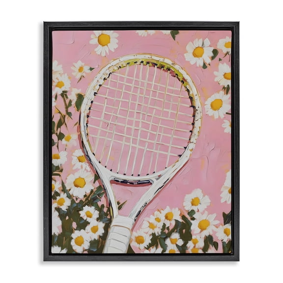 Stupell Industries Cottage Pink Tennis Racket & Daisies Black Floating Frame Canvas Art, 17 x 21, by LSR Design Studio