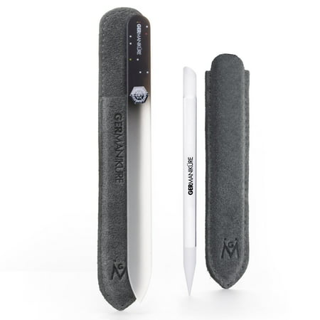 GERMANIKURE Crystal Glass Cuticle Stick & Black Nail File Set in Suede Leather Case Handmade in Czech Republic Professional Manicure Supplies Cuticle Pusher, Callous Remover