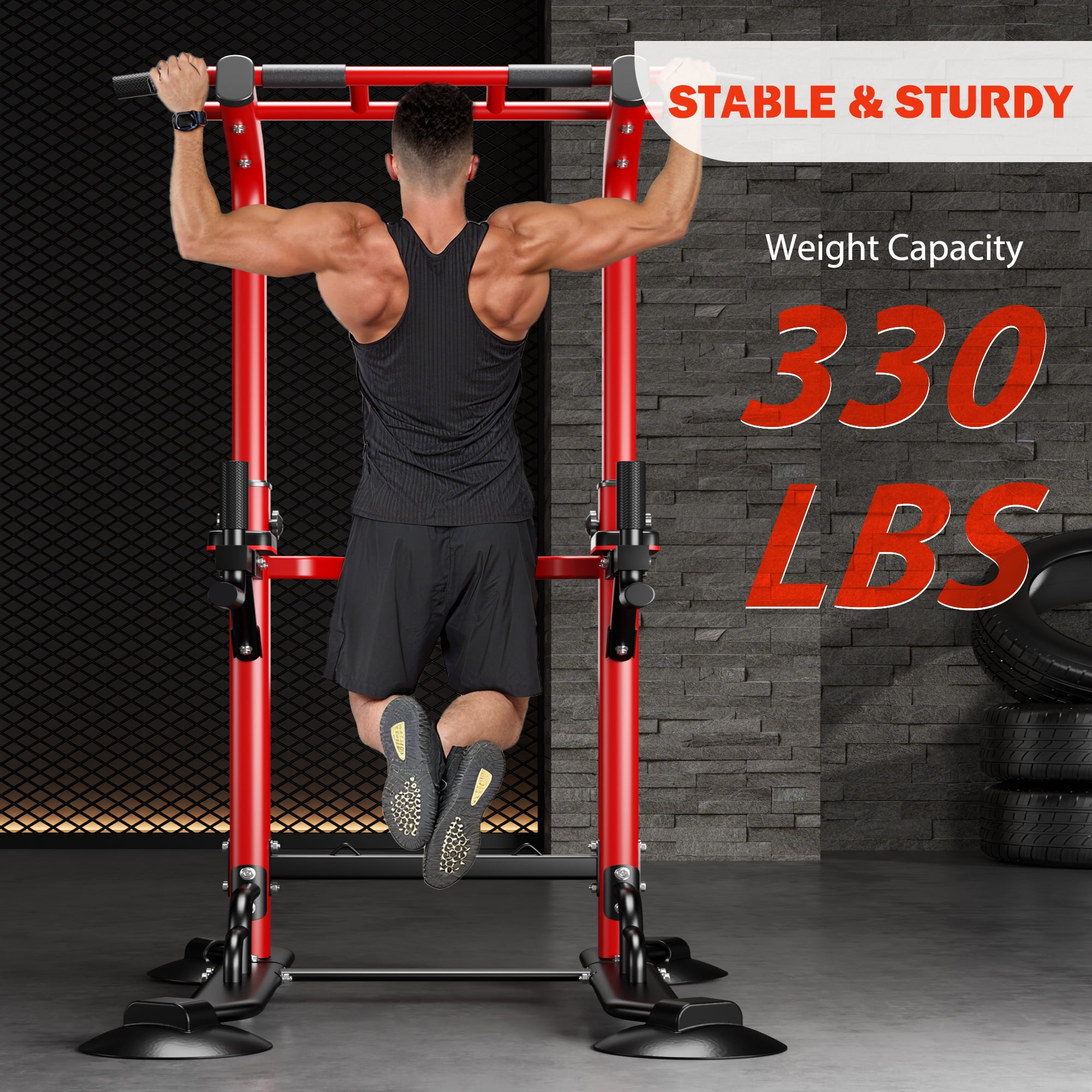 94.5"H Pull Up Bar and Dip Station, Heavy Duty 12 Adjustable Home Gym Equipment for Strength Training, Multifunctional Workout Bar with Resistance Bands – Full Body & Core Exercise 330LBS,Red