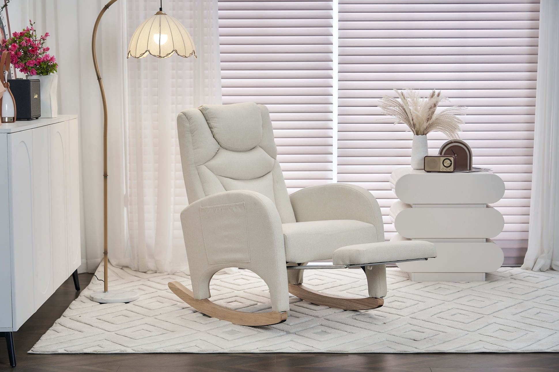 Rocking Chair Nursery, Nursery Rocking Chairs with Adjustable Footrest & Side Pocket, Comfy Rocking Chairs in Teddy Fabric, Reading Arm Glider Chair for Bedroom, Living Room, Office, Beige