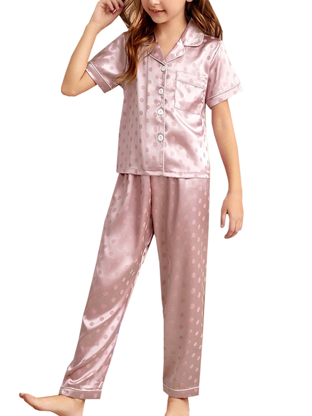 URMAGIC Little Big Child Girls Silk Satin Short Sleeve Shirts/Long