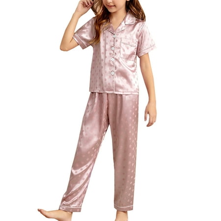 

Zyhtleerr Kids Girls Silk Pajama Outfit Toddler Prints Short Sleeve Sleepwear Comforts Loungewear Set 2PCS