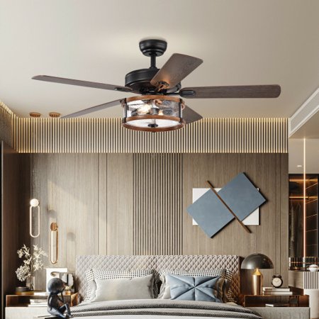 

52 Retro Ceiling Fan Lamp with Glass Shade Reversible Blade Remote Control