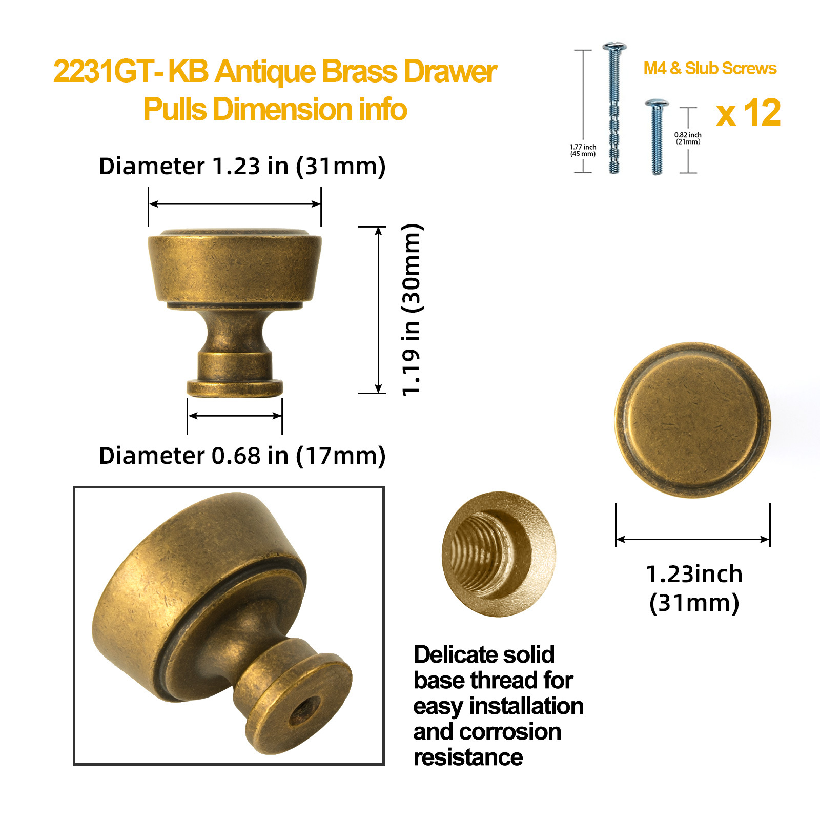 Goo-Ki 1.23 Inches Diameter Antique Brass Kitchen Cabinet Knobs, Vintage Drawer Handles Closet Classic Retro Kitchen Hardware for Bedroom, 6 Pack