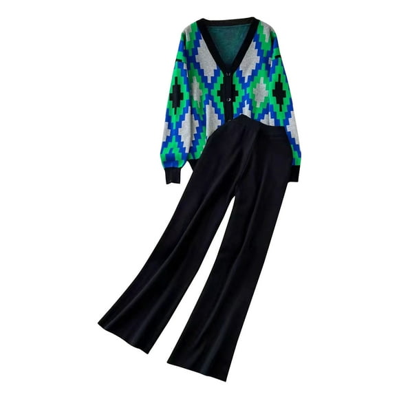Fall Saving! HVOBTTY Two Piece Sweater Sets for Women, Womens V-neck Cardigan Sweater Wide-leg Casual Pants Two-piece Set Black, Free Size