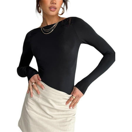 

Mubineo Women Wrapped Bodysuit Romper Long Sleeve Boat Neck Solid Color Casual Street Party Short Jumpsuit