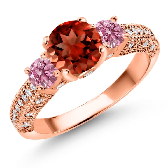 Gem Stone King 18K Rose Gold Plated Silver Red Garnet Pink Lab Grown Diamond and White Moissanite Engagement Ring for Women (2.08 Cttw, Gemstone January Birthstone, Round 7MM and 4MM, Size 8)