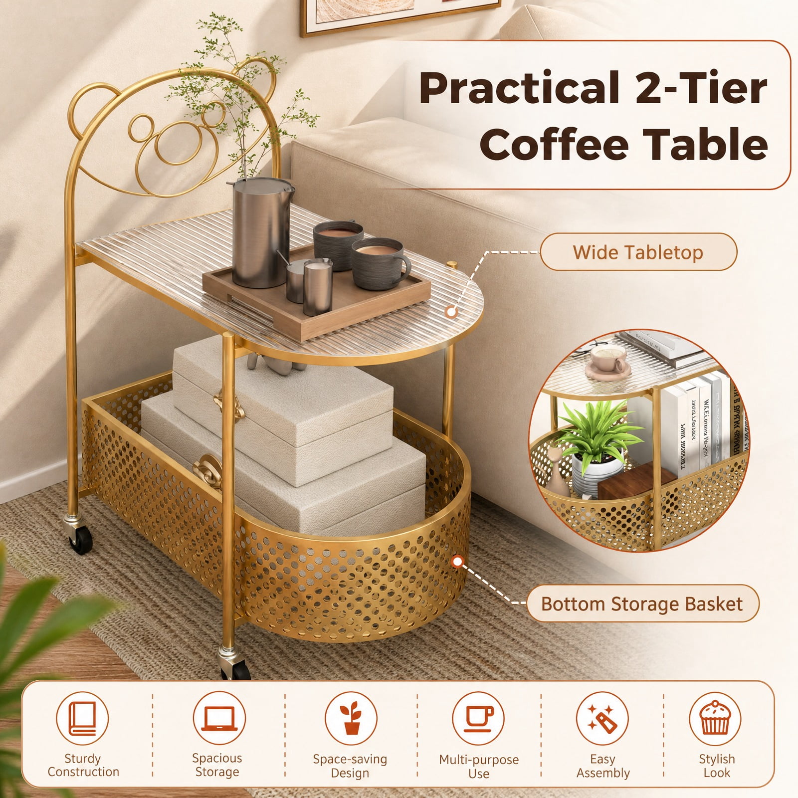 Furnibear 2 Tier Mobile Glass Coffee Table with Rolling Casters and Bear Pattern Storage Basket for the Small Living Room, Golden