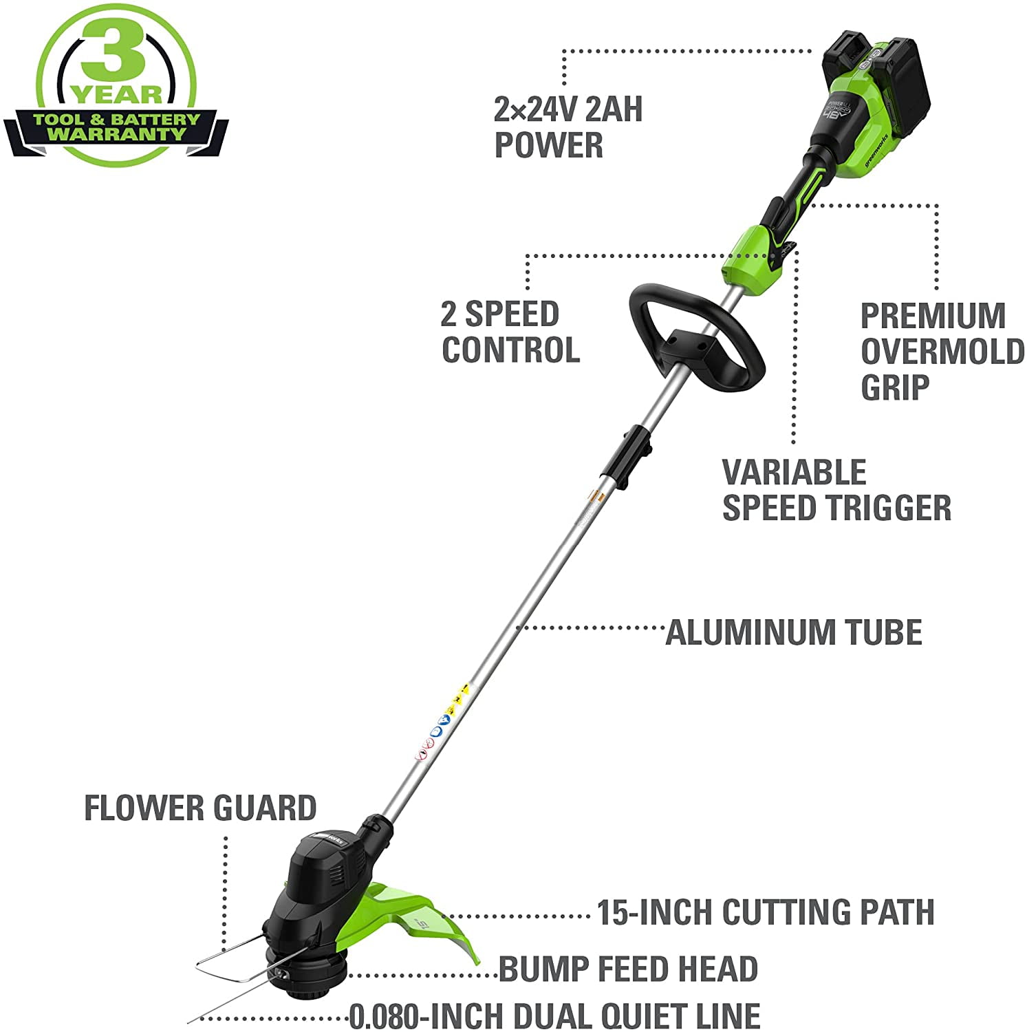 Greenworks 48V (24V x 2) 15" Cordless String Trimmer + (2) 2Ah USB Batteries & Dual Port Rapid Charger